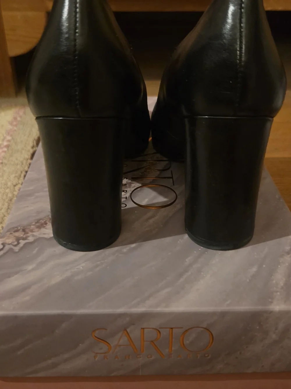 Franco Sarto Aziza Black Leather Block Heel Pumps